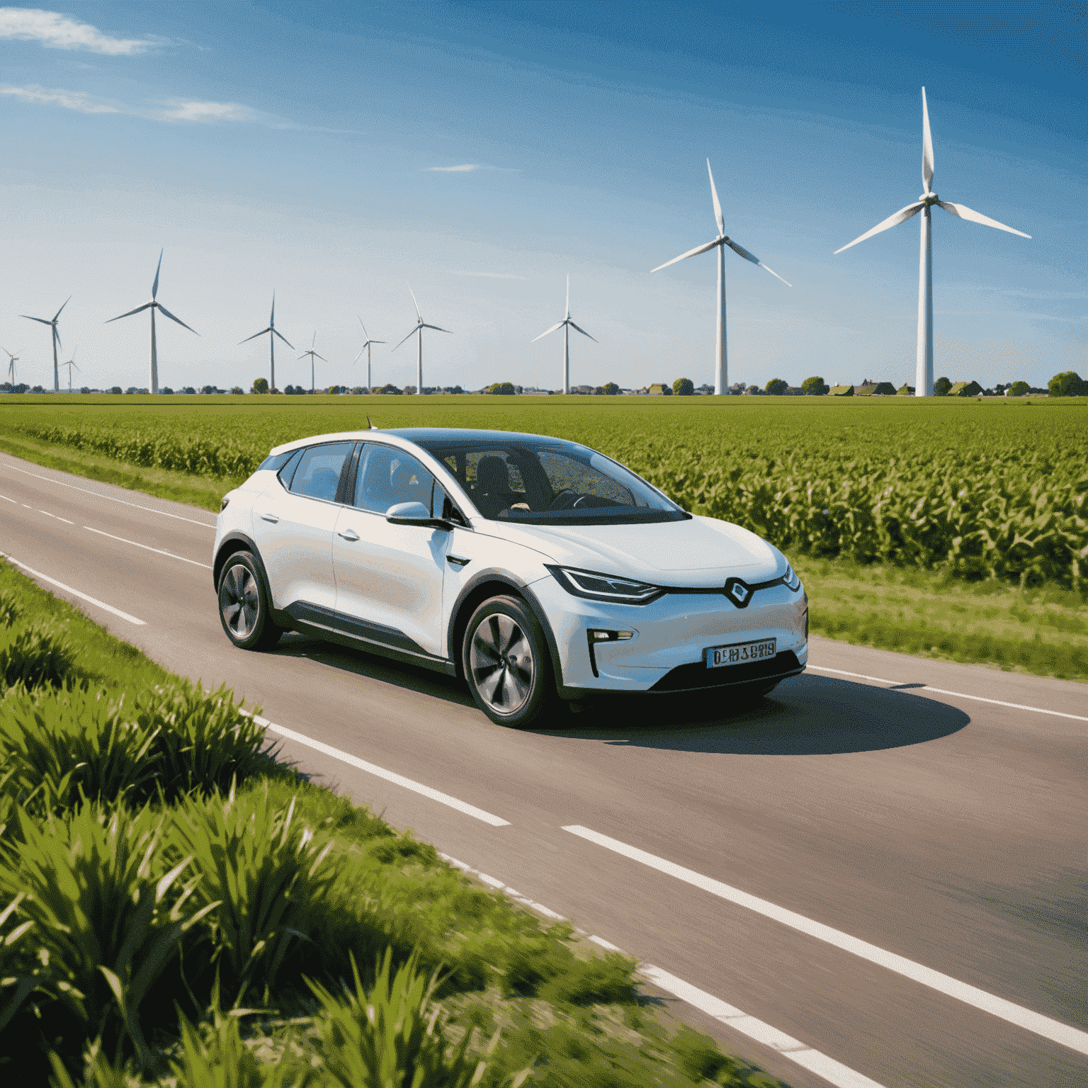 Een moderne elektrische auto rijdend door een typisch Nederlands landschap met windmolens op de achtergrond, symboliserend de toekomst van elektrisch rijden in Nederland