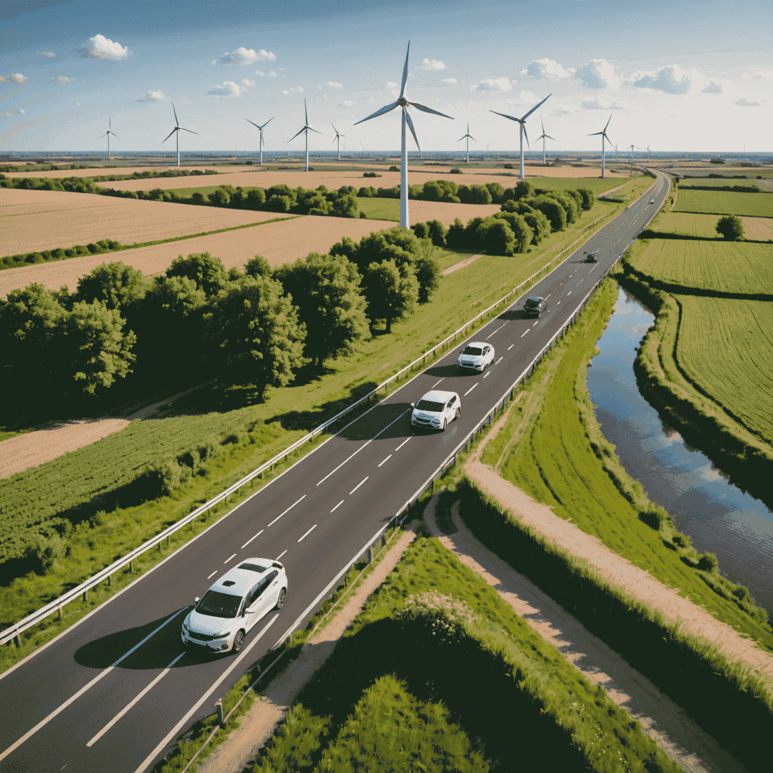 Een zelfrijdende auto rijdt door een typisch Nederlands landschap met windmolens en fietspaden, terwijl sensoren en camera's de omgeving scannen