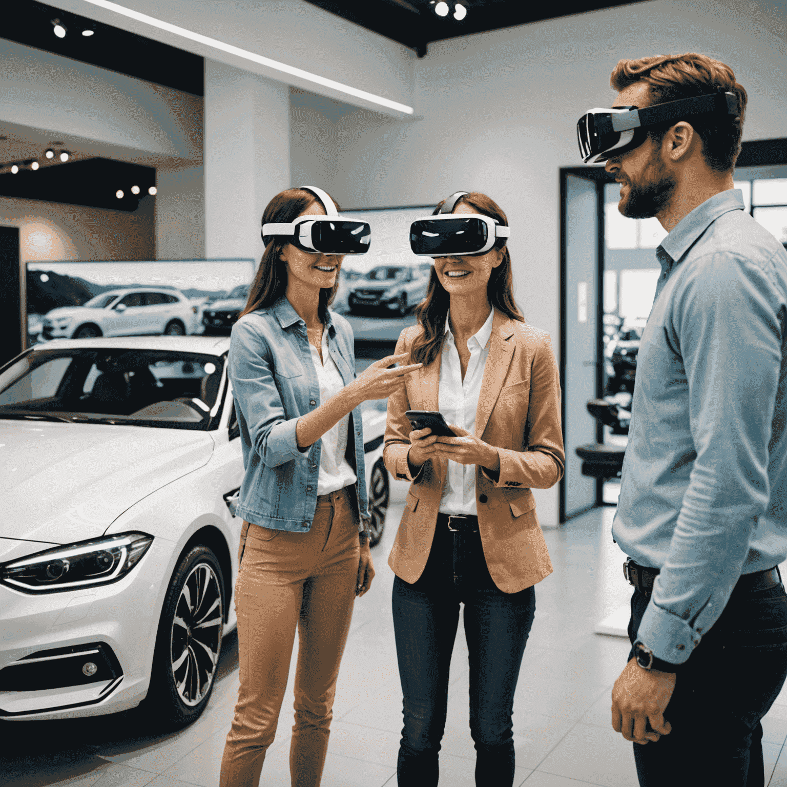 Een moderne digitale showroom met grote touchscreens waarop verschillende automodellen worden getoond. Een verkoper demonstreert de virtuele realiteit-ervaring aan een geïnteresseerde klant die een VR-bril draagt.