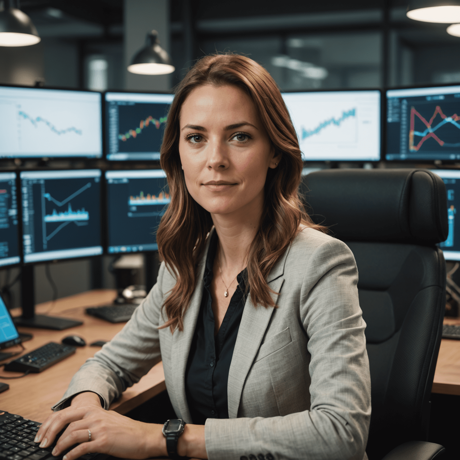 Portret van Lisa Jansen, CTO van DriveFuse. Een jonge vrouw met een scherpe blik, draagt een casual zakelijke outfit, zittend aan een bureau met meerdere computermonitors op de achtergrond.