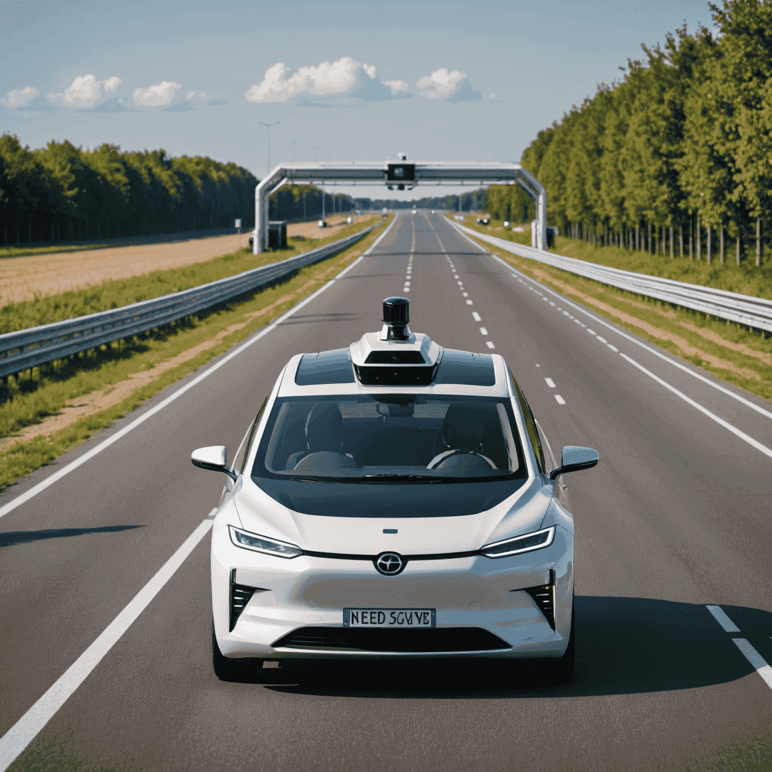 Een futuristische zelfrijdende auto op een testbaan in Nederland, met sensoren en camera's zichtbaar, die de geavanceerde technologie illustreert