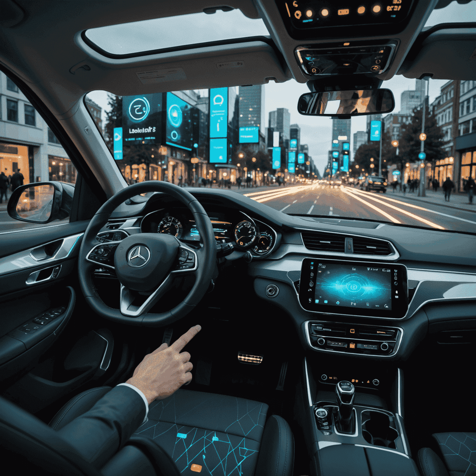 Een futuristisch dashboard in een auto met holografische displays en connectiviteitssymbolen, rijdend door een slimme Nederlandse stad met geïntegreerde IoT-technologie